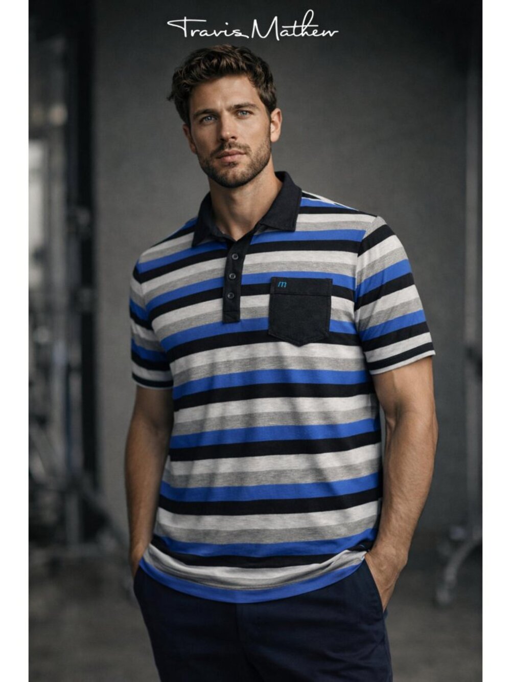 TravisMathew Polo Shirt Mens L Blue Gray Stripe Short Sleeve Casual Golf